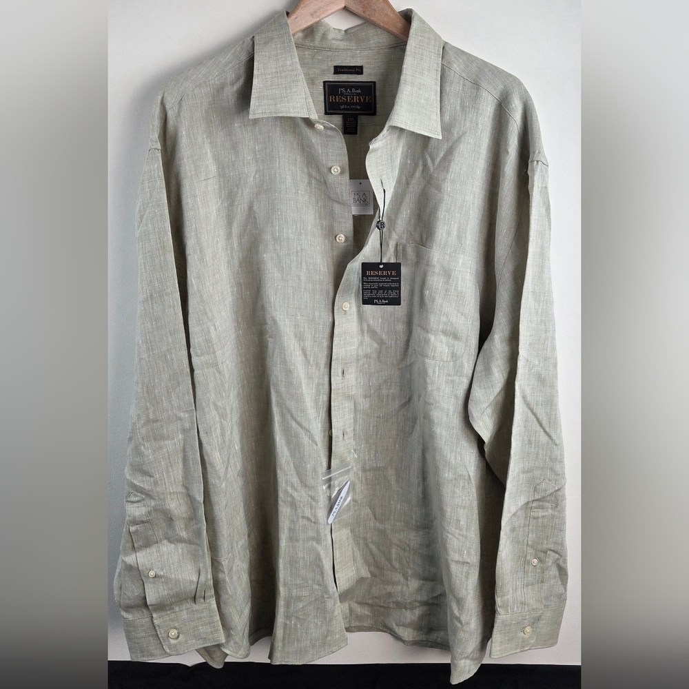 Jos A Bank Reserve Shirt Mens 2XL Green Long Sleeve Button Up Solid Linen Blend